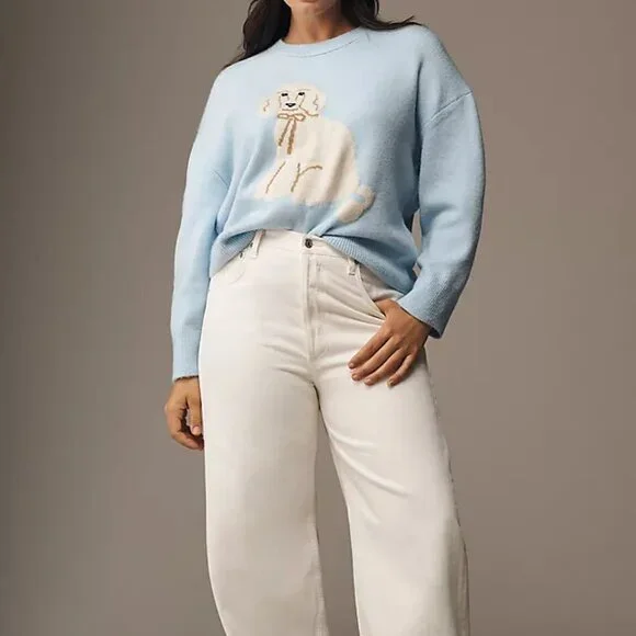 Anthropologie POODLE Maeve DOG ICON sweater light blue crew neck Pullover M NWT - Picture 5 of 14